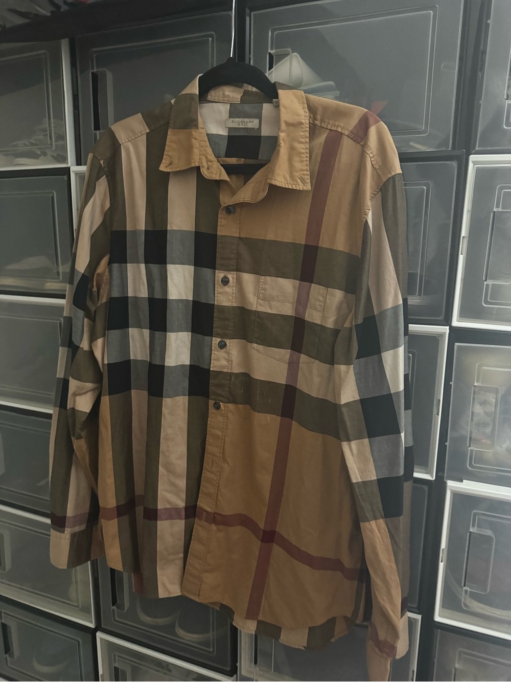 Burberry Tan and Black Check Long-Sleeve Button-Down Shirt